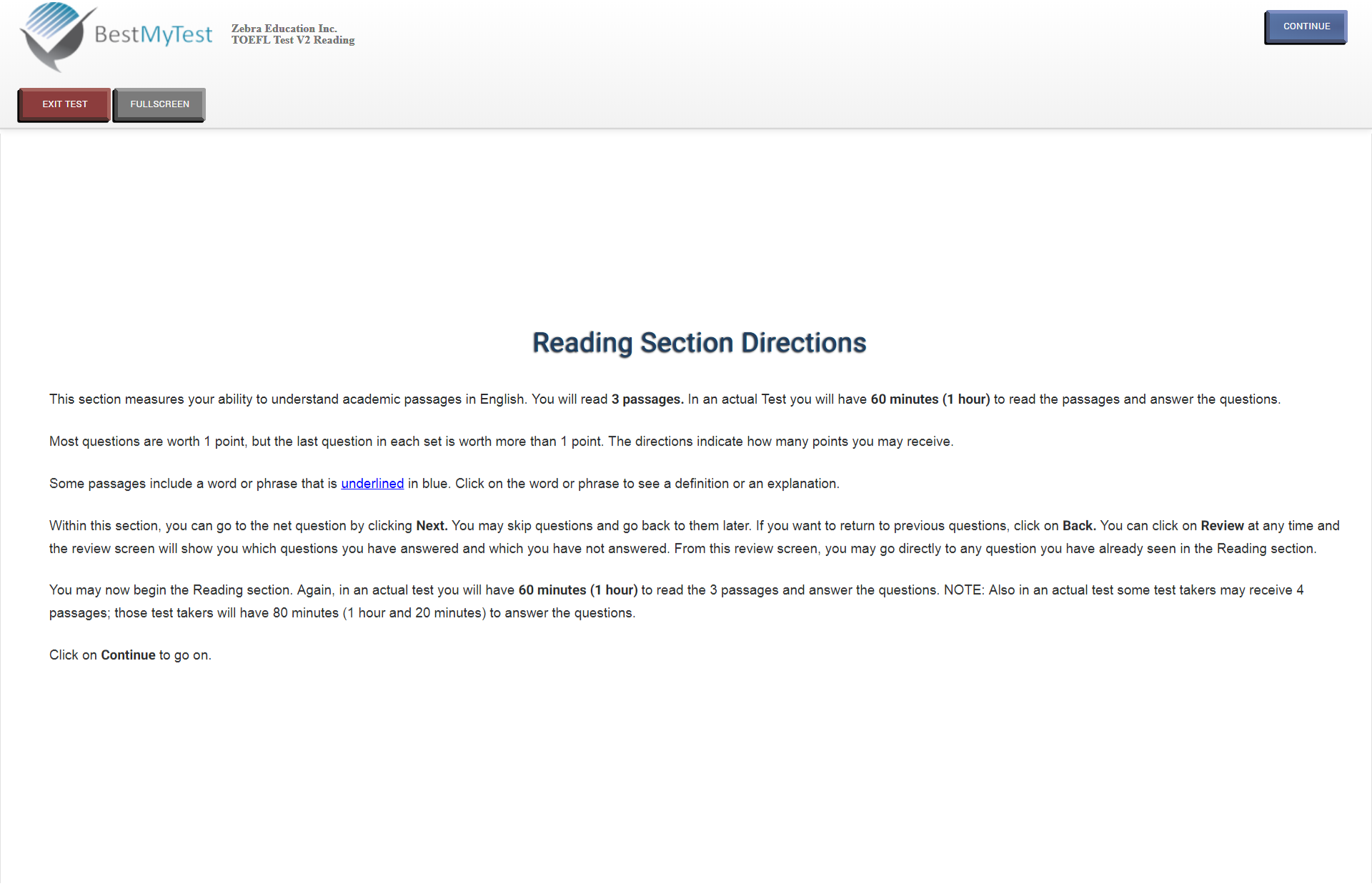 TOEFL reading section direction